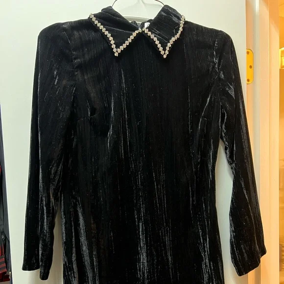 Zara Black Velvet Dress with rhinestone collar small - Picture 2 of 5
